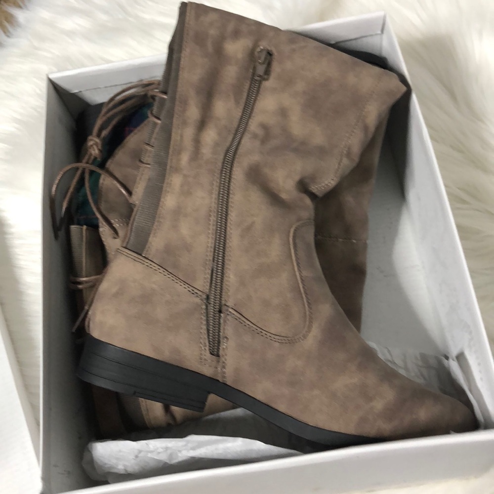 Suede Knee Length Taupe/Tartan Boots - Picture 4 of 4